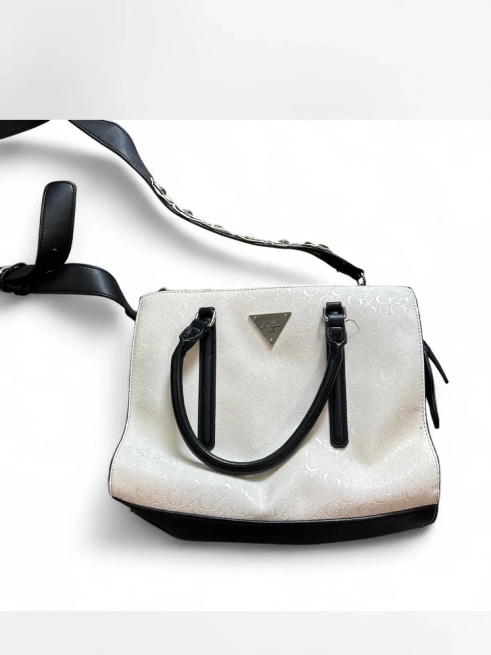 Guess White and Black Logo-Print Satchel with Strap